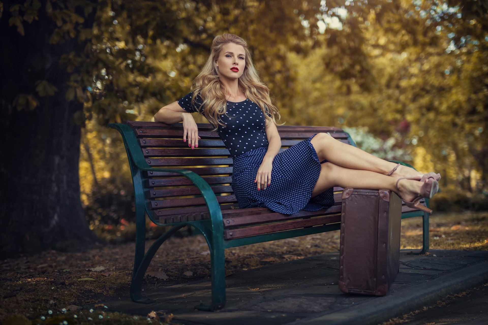 vintage rétro vêtements valise banc parc ville