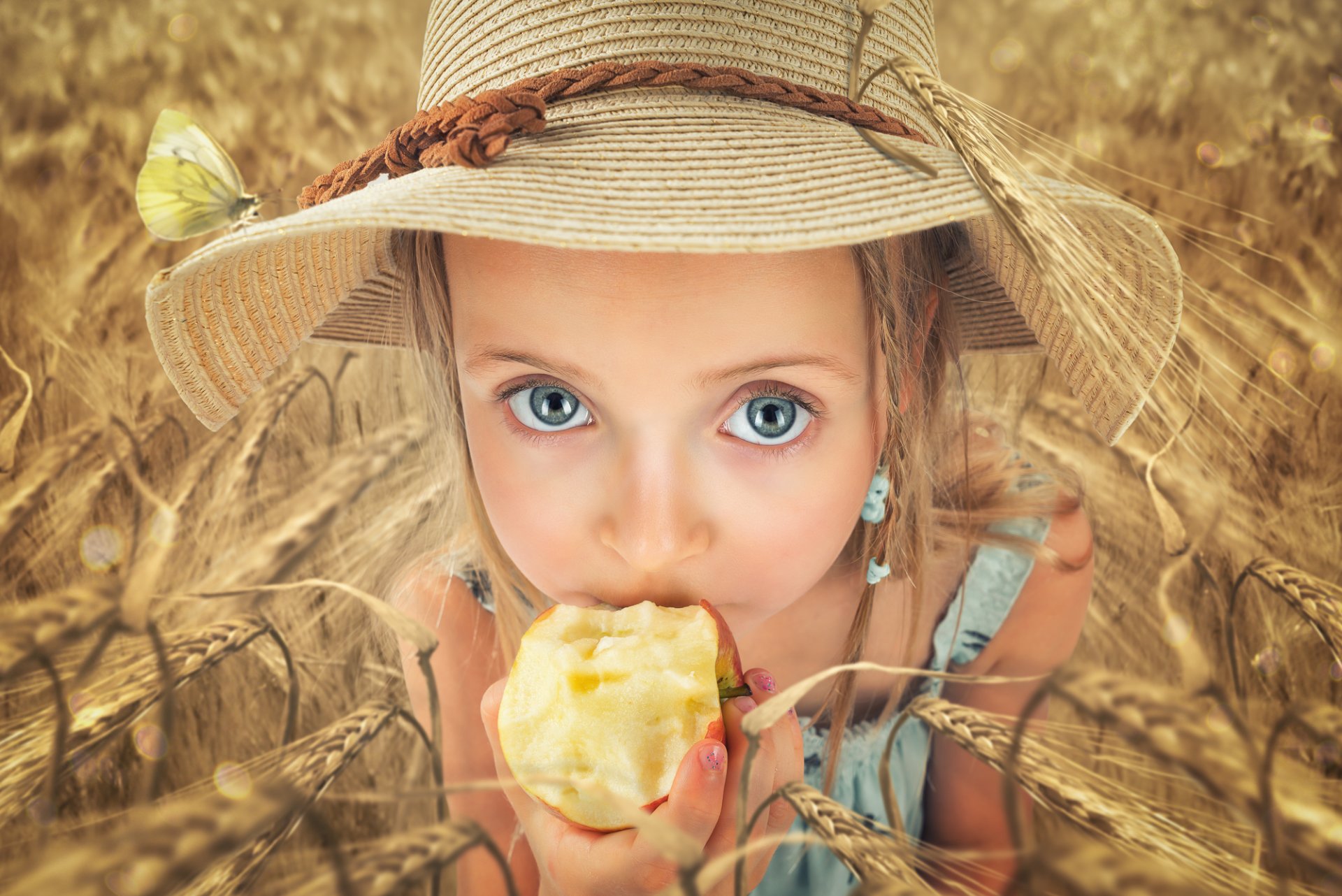 girl hat apple view the field ear