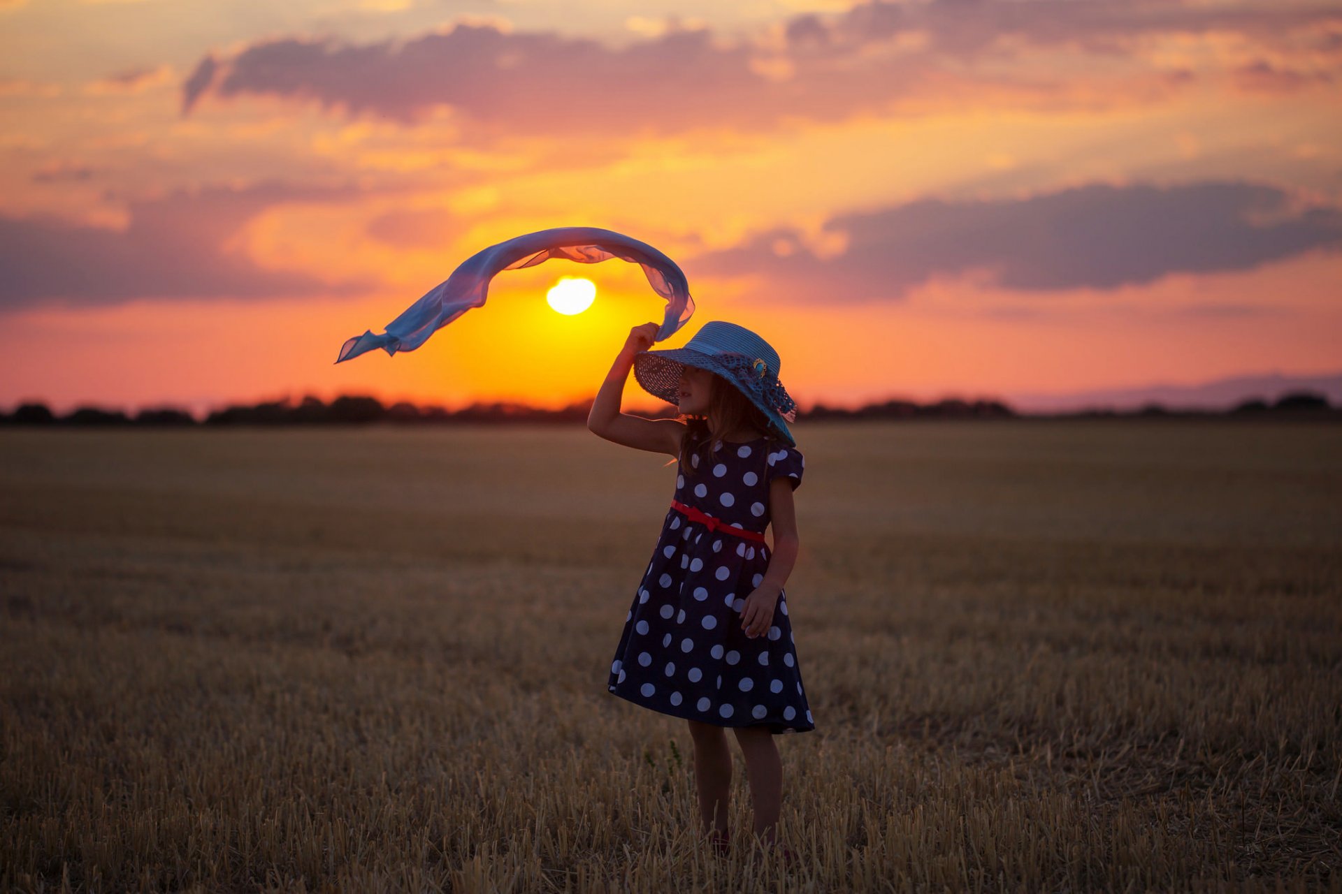 girl dress hat scarf sunset the field stubble mood