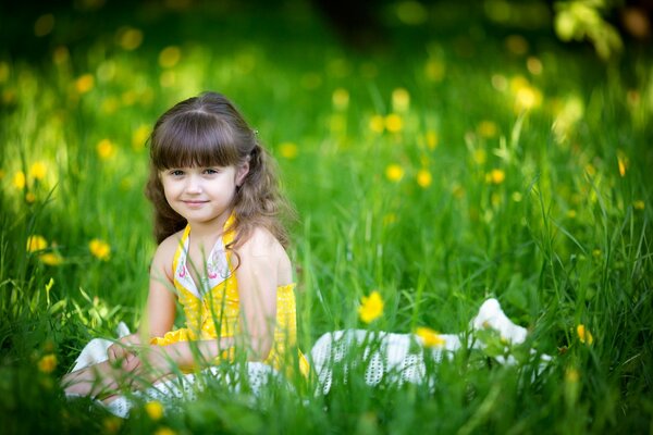 The girl is sitting in the grass. summer mood