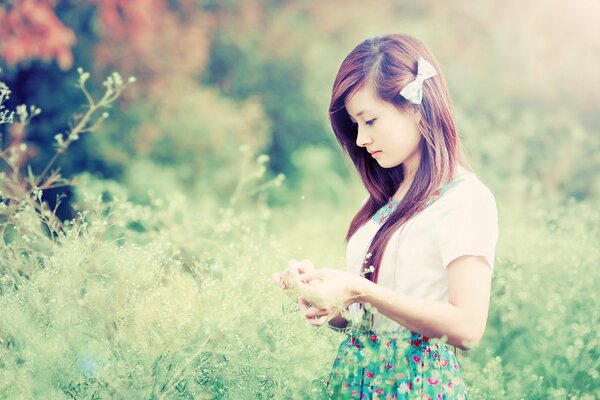 Beautiful girl on a flower meadow
