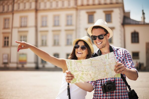 Happy couple goes traveling