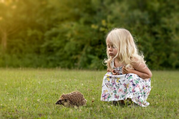 La fille s assoit à côté de hérisson