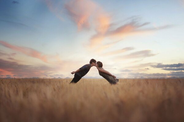 Le baiser de l amour d un couple dans le champ