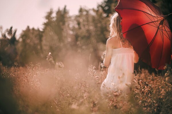La fille avec le parapluie rouge dans une robe blanche au fond de la forêt