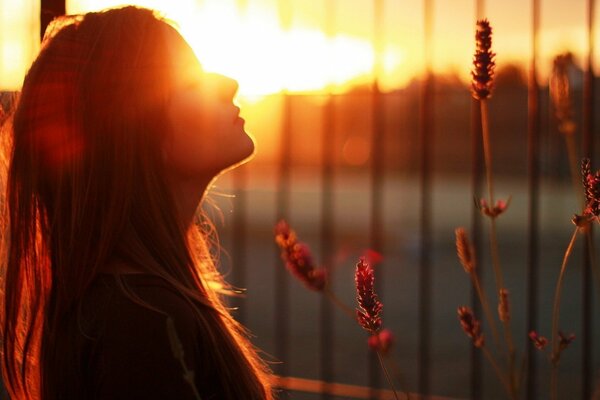 Hermosa chica sin gafas en el fondo de la puesta de sol