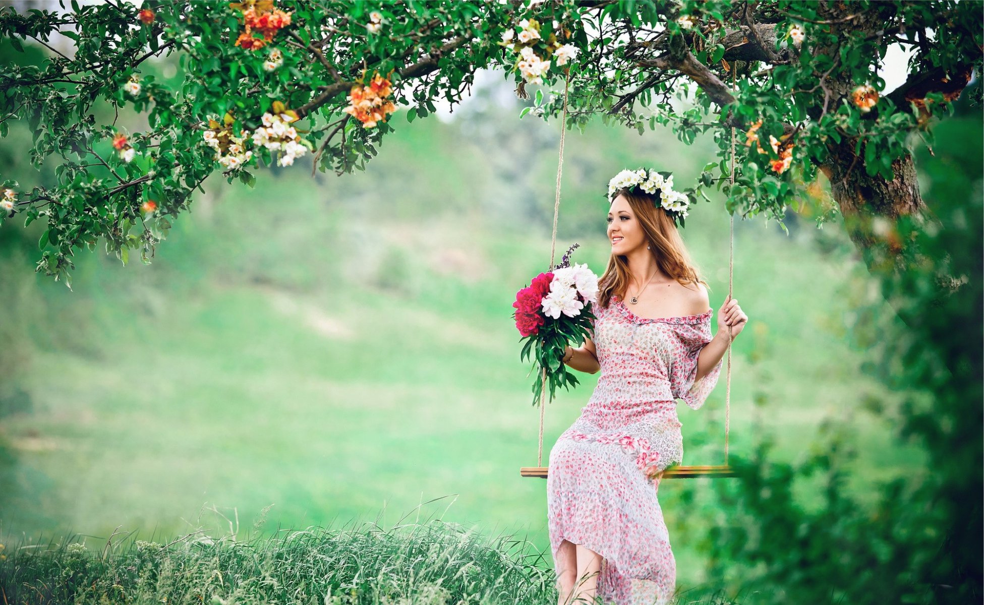 view girl brown hair dress sundress tree swing green nature flower wreath bouquet field grass happiness awakening pleasure chitota beauty vegetation life