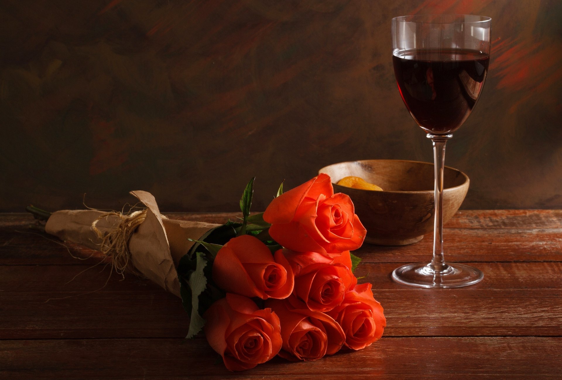 wine red glass dried apricots roses red bouquet table