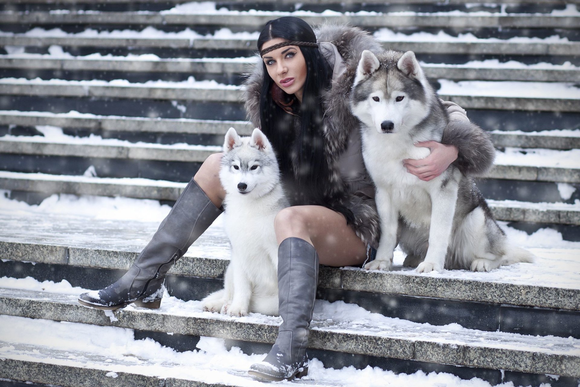 perros señora belleza botas escaleras morena