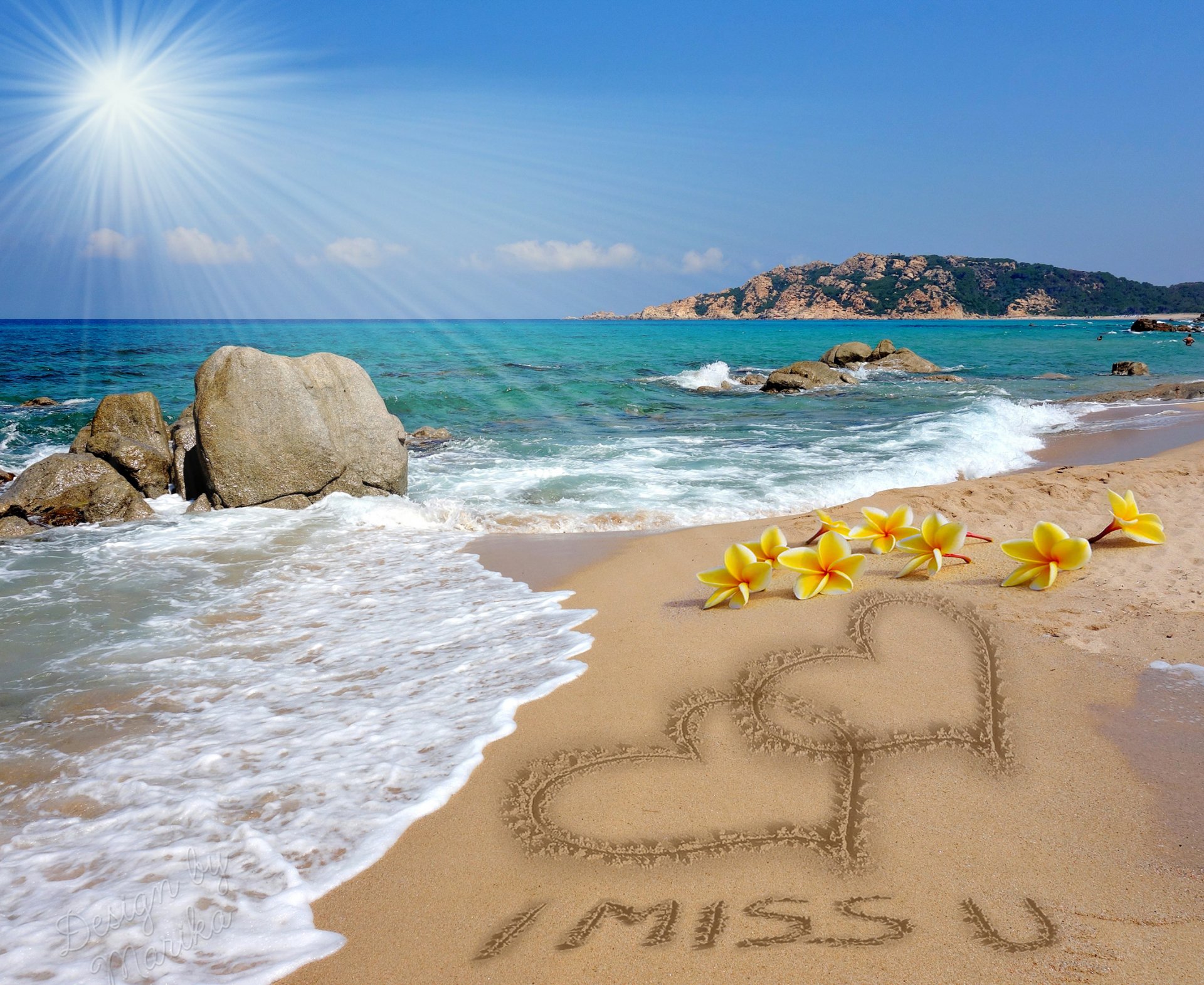 i miss you romantic sand message plumeria hearts beach love sea sunshine design by marika picture heart romance