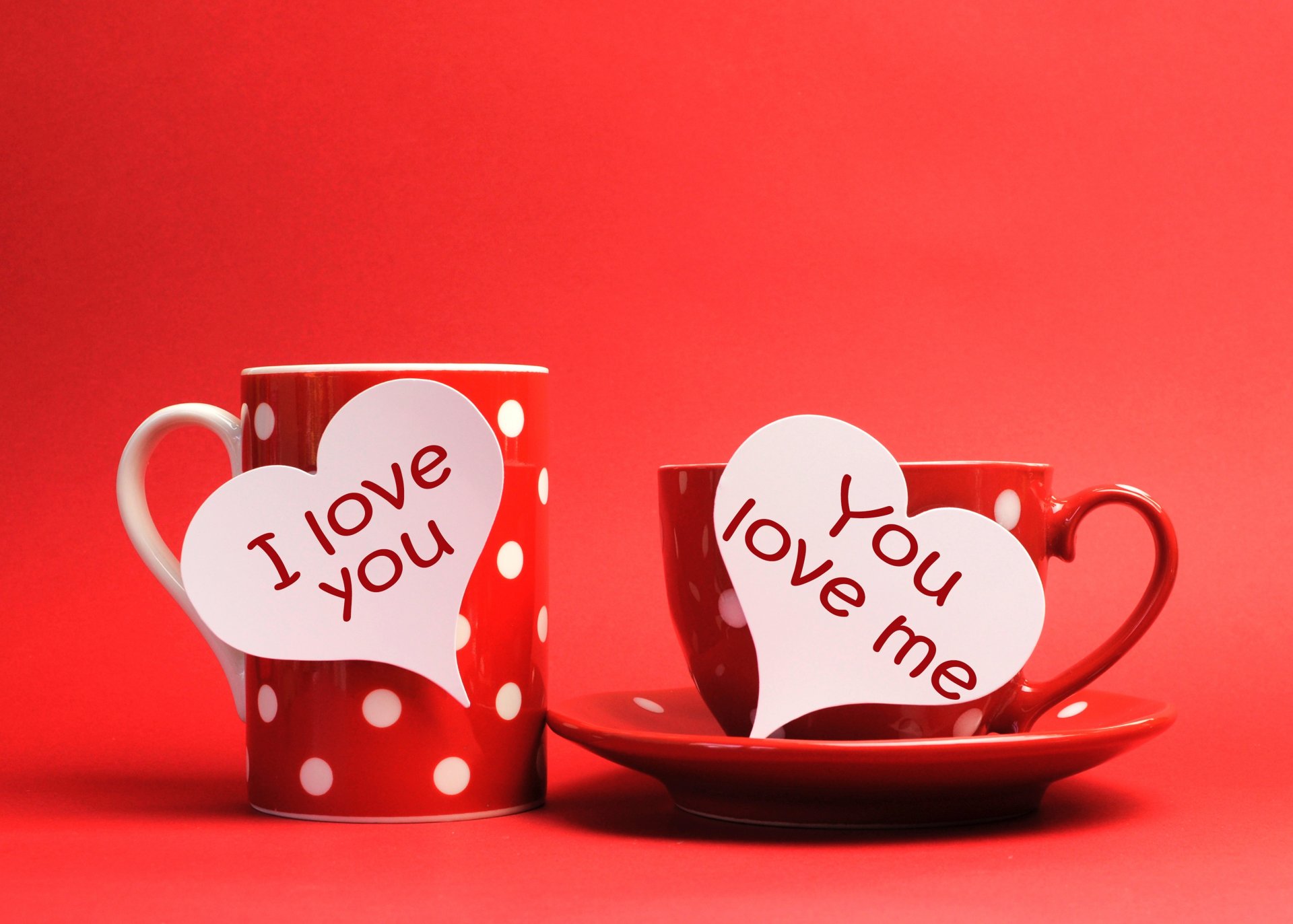 cup mug hearts hearts inscriptions I love you you love me background red