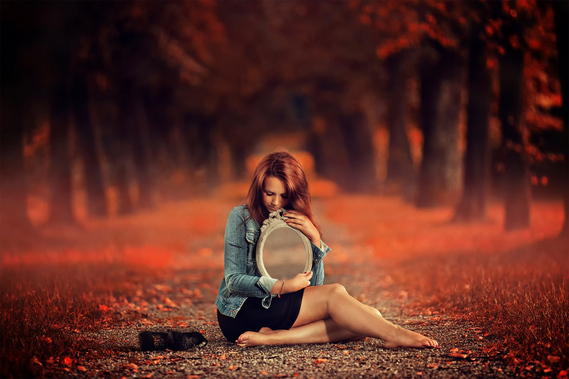 autumn girl mirror trail alley fantasy art