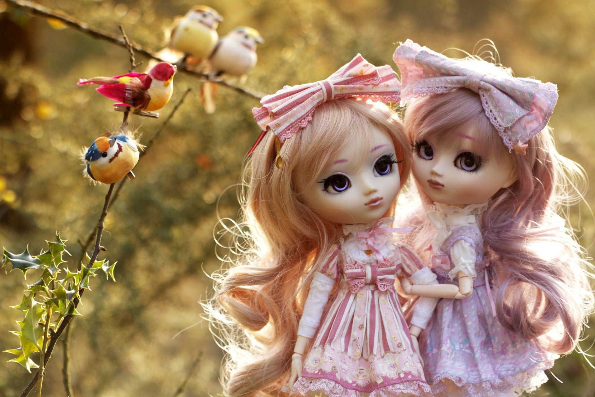 doll toys girls dresses bows branches birds bokeh