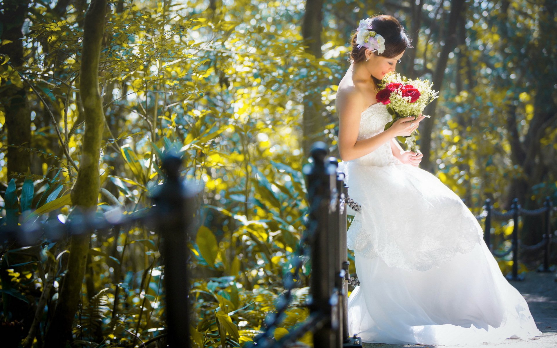 girl asian street flower bride