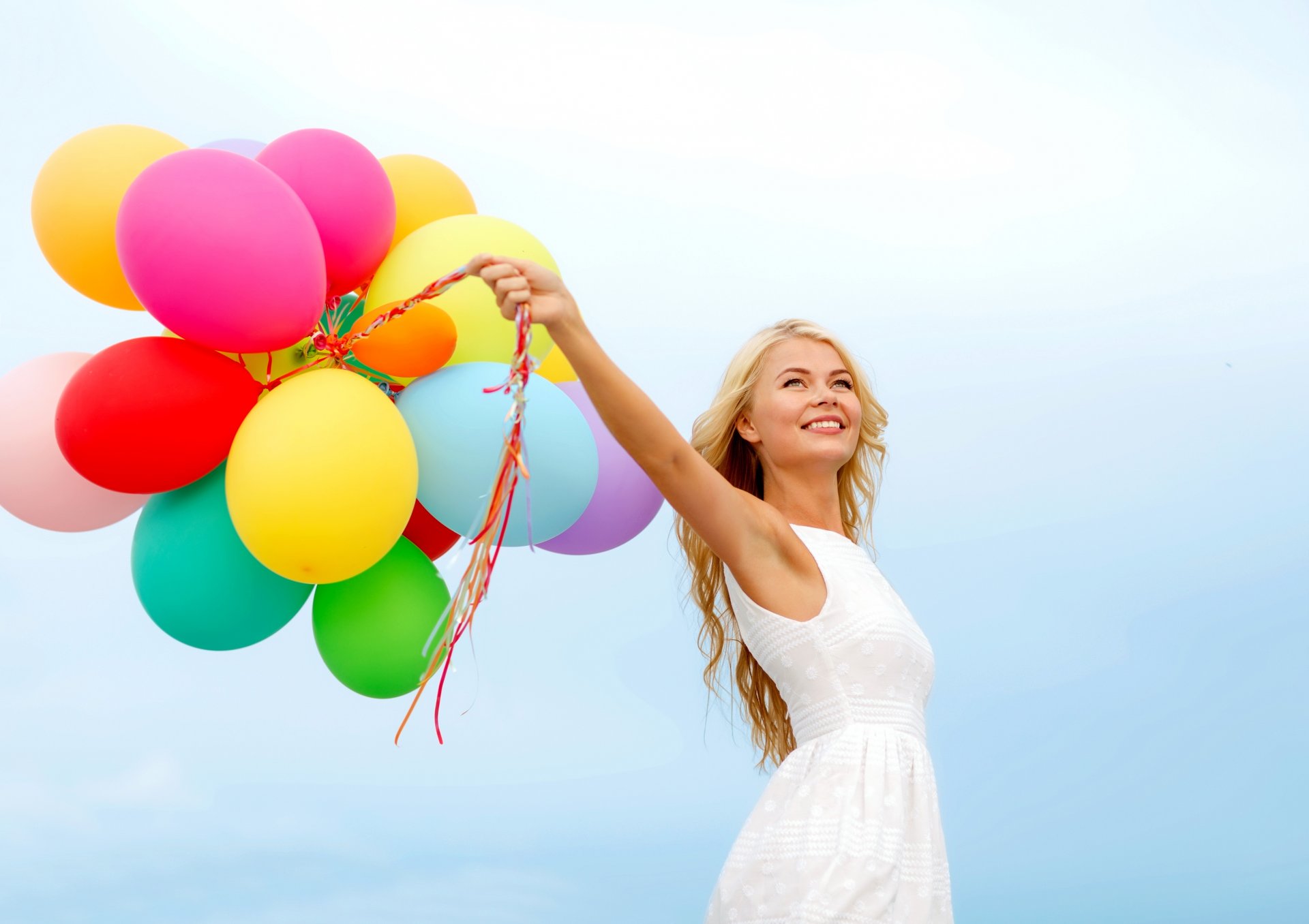 happy balloons colorful sky light woman balloons girl joy happine