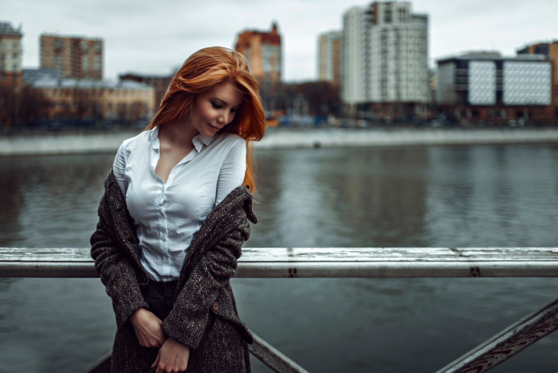 puzzlement girl red hair background town russia george chernyad ev