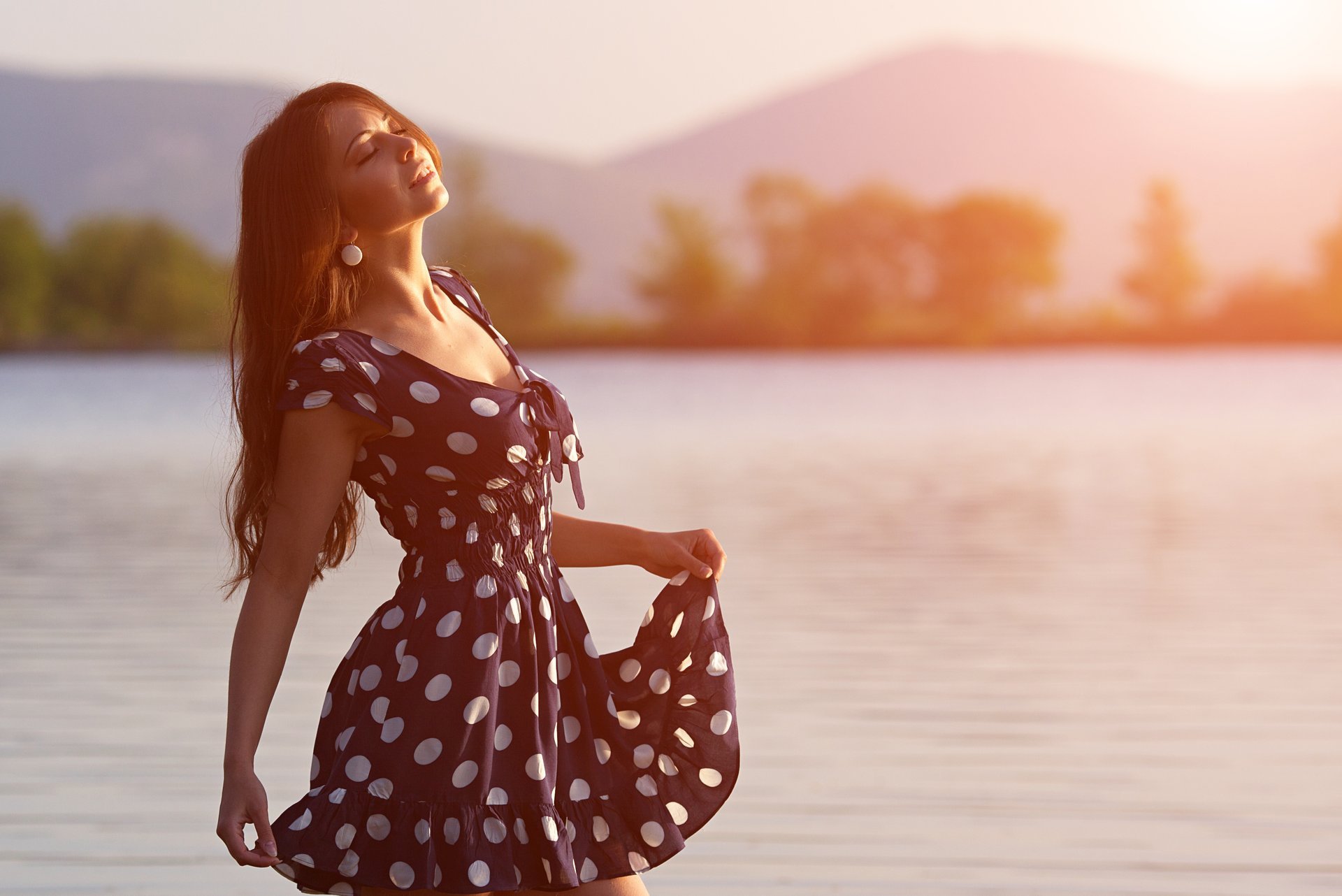 girl brown hair morning river