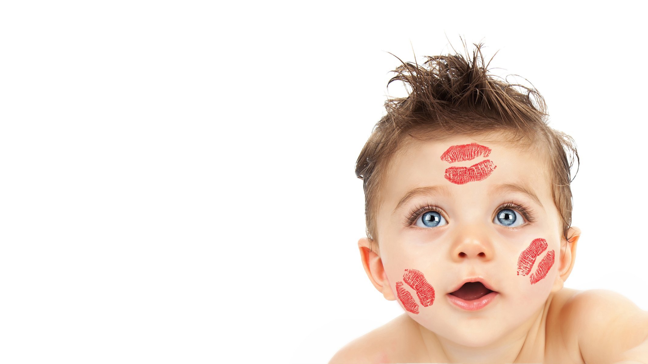 happy baby baby big blue eyes kissing lipstick on face childhood beautiful funny kissing lipstick on face