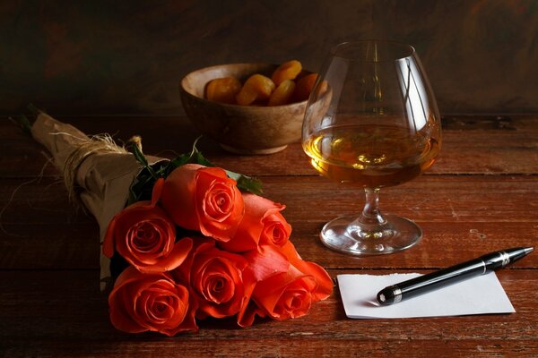 Still life Rose cognac frutta secca penna Notepad