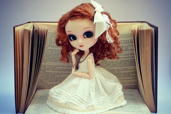 A red-haired doll on the background of interesting books