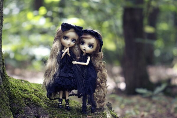 Goth dolls. Little dolls with long hair. Dolls in nature