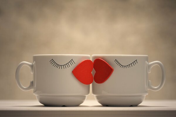 Coffee snow-white couple in love kiss