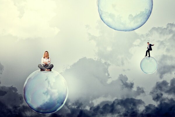 Girl and guy on soap bubbles in the sky