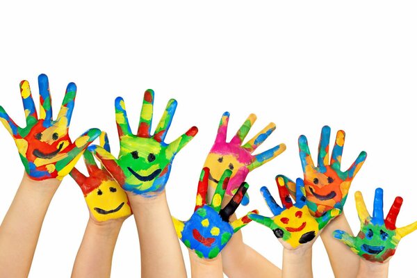 On a white background, colored children s palms