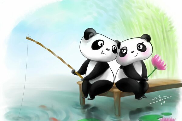 Drawing two pandas on a fishing trip