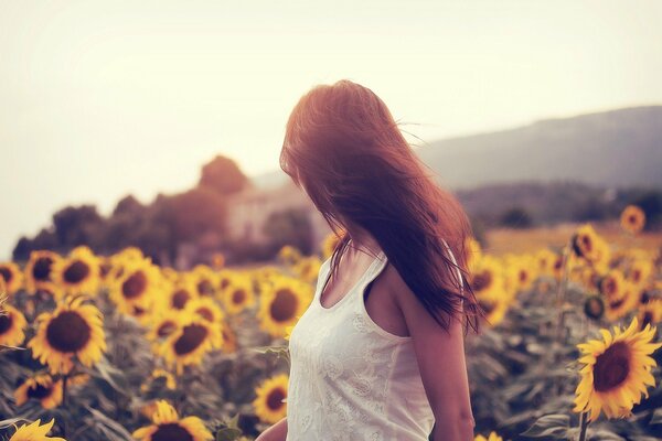 La jeune fille dans un champ de tournesols jaunes