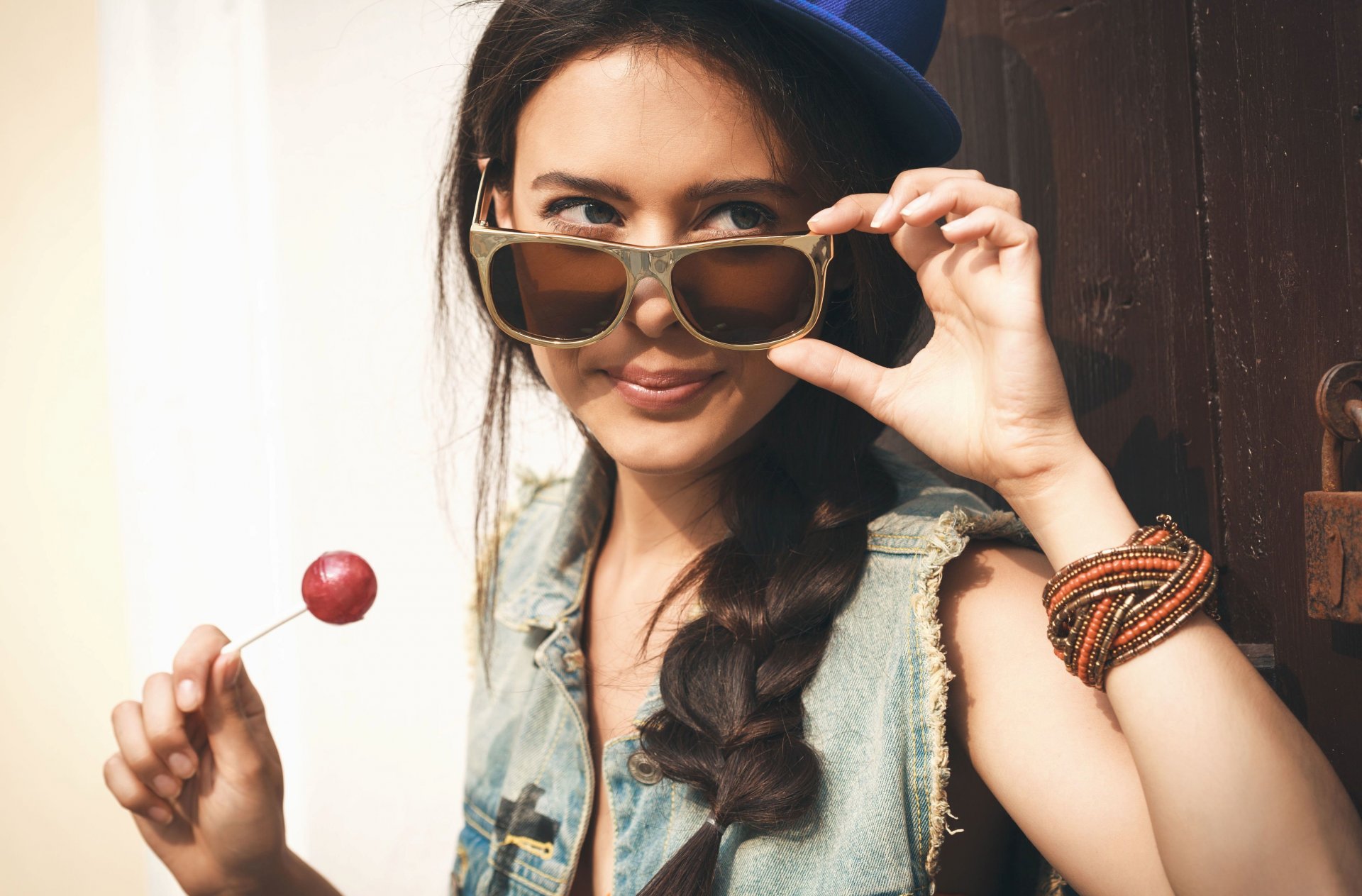 mood girl brunette pigtail hat hat glasses smile chupa-chups bracelet look sunglasses background wallpaper widescreen fullscreen widescreen