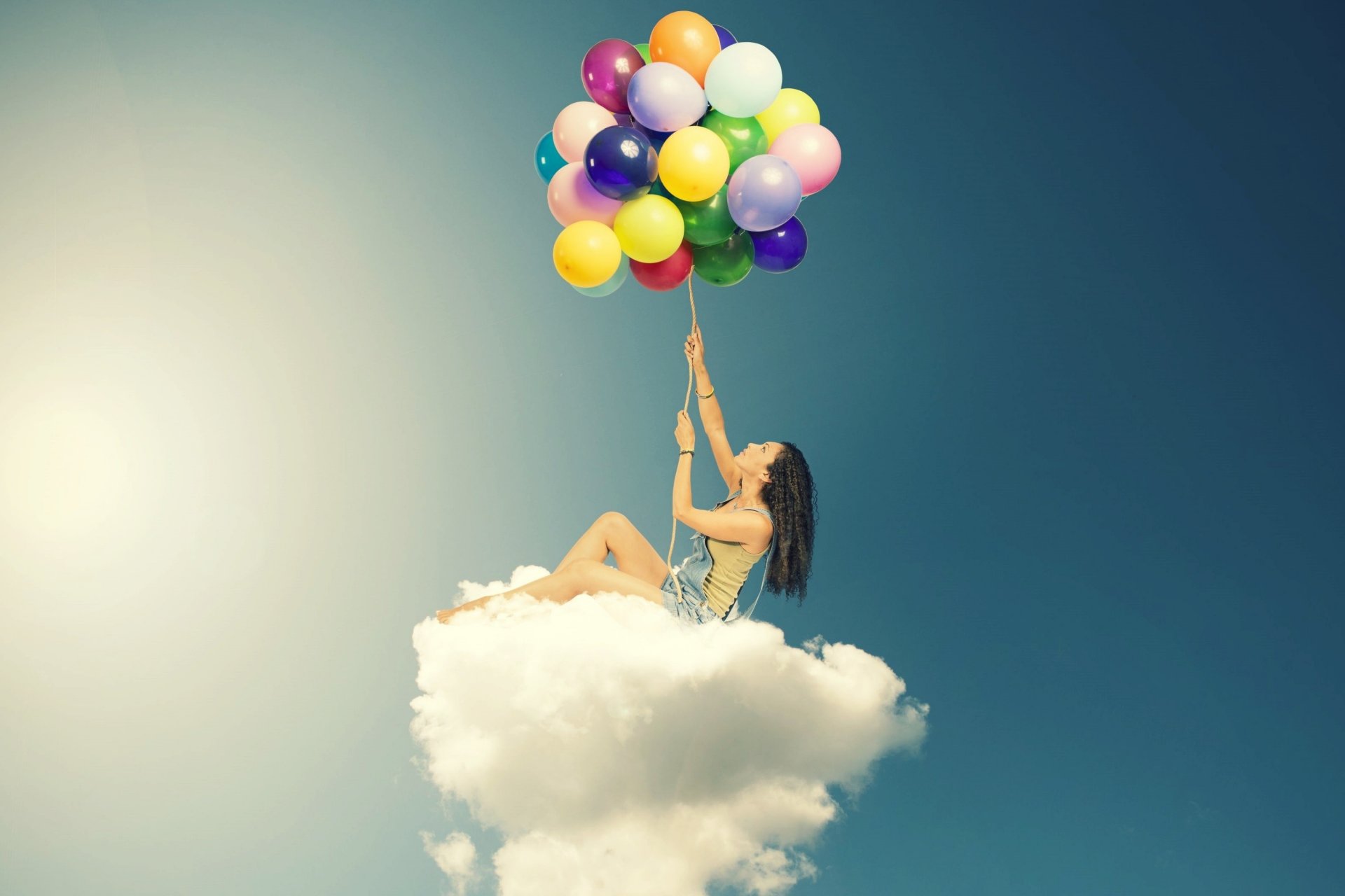 mood girl clouds cloud a woman balloons bulbs color sky background wallpaper widescreen full screen hd wallpaper