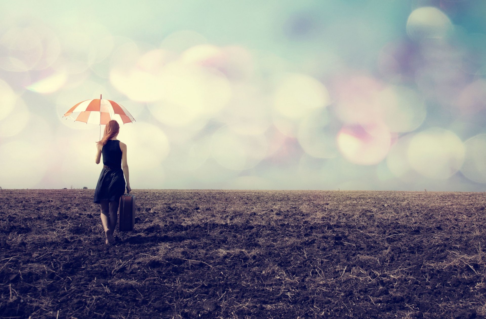 mood girl suitcase umbrella umbrella nature path bokeh background wallpaper widescreen fullscreen widescreen