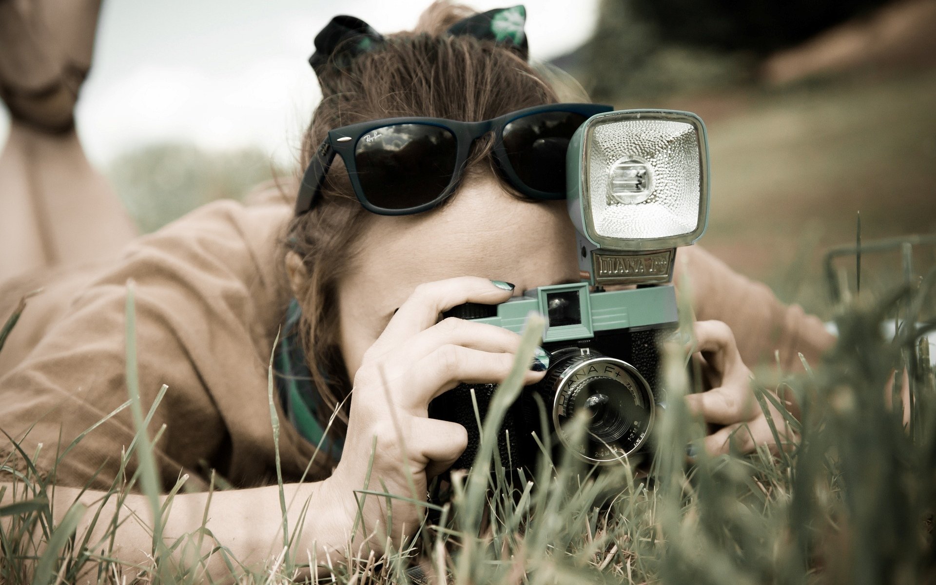 mood girl brunette glasses camera shooting grass greenery nature camera background wallpaper widescreen fullscreen widescreen