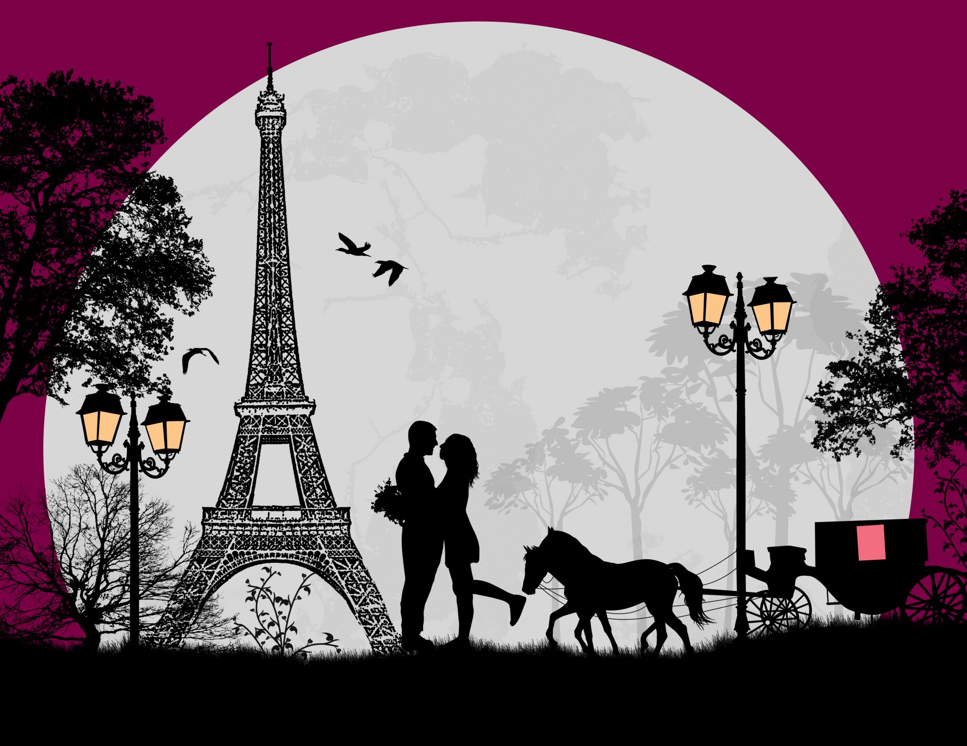 amor novelas románticas árboles pájaros cesta luna llena torre eiffel romance parejas carro caballo