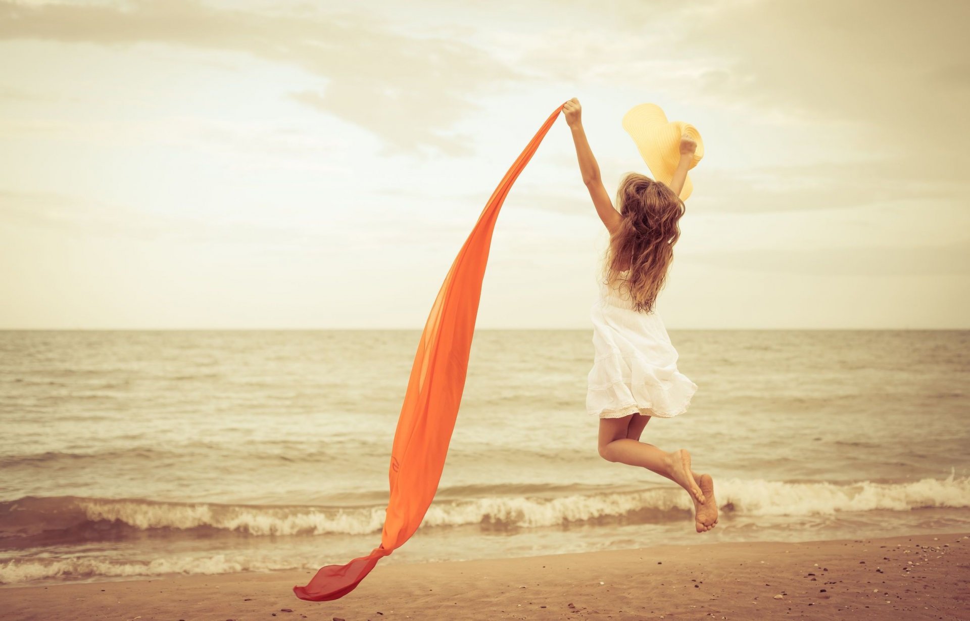 mood girl jump joy dress shawl sand beach sea river water happiness fun background nature wallpaper widescreen fullscreen widescreen