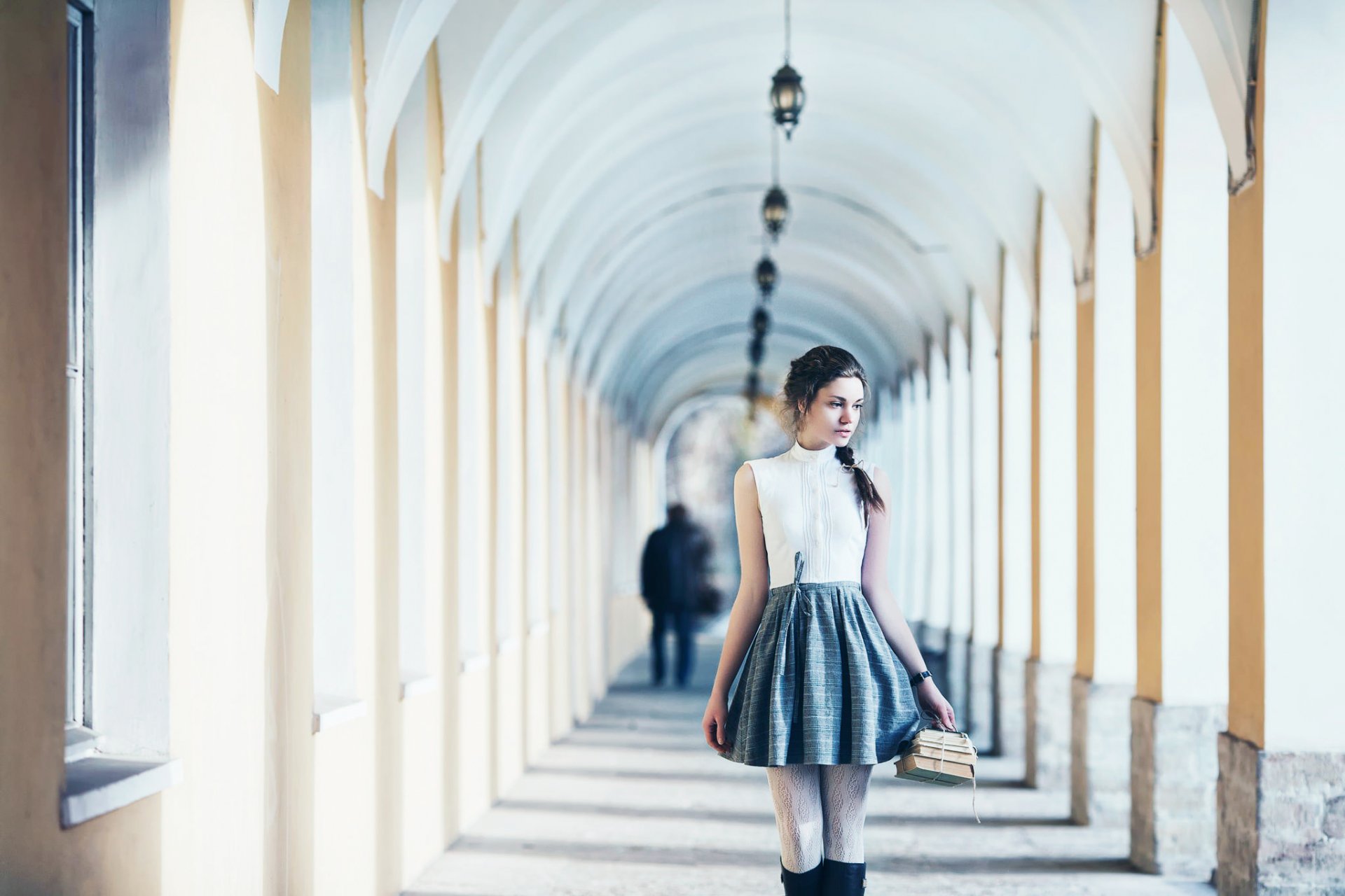 girl books pigtail skirt shirt