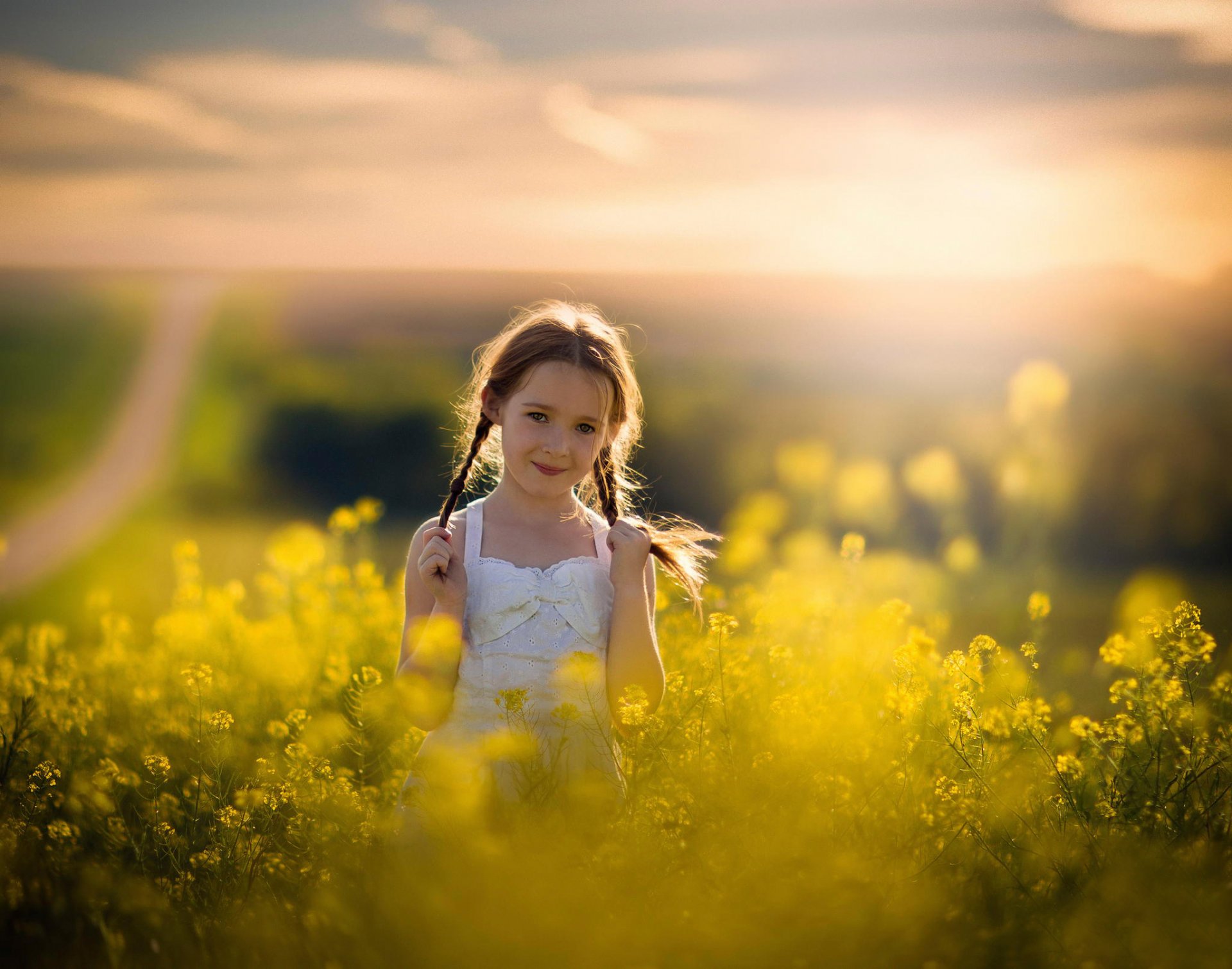 girl pigtails road space bokeh summer