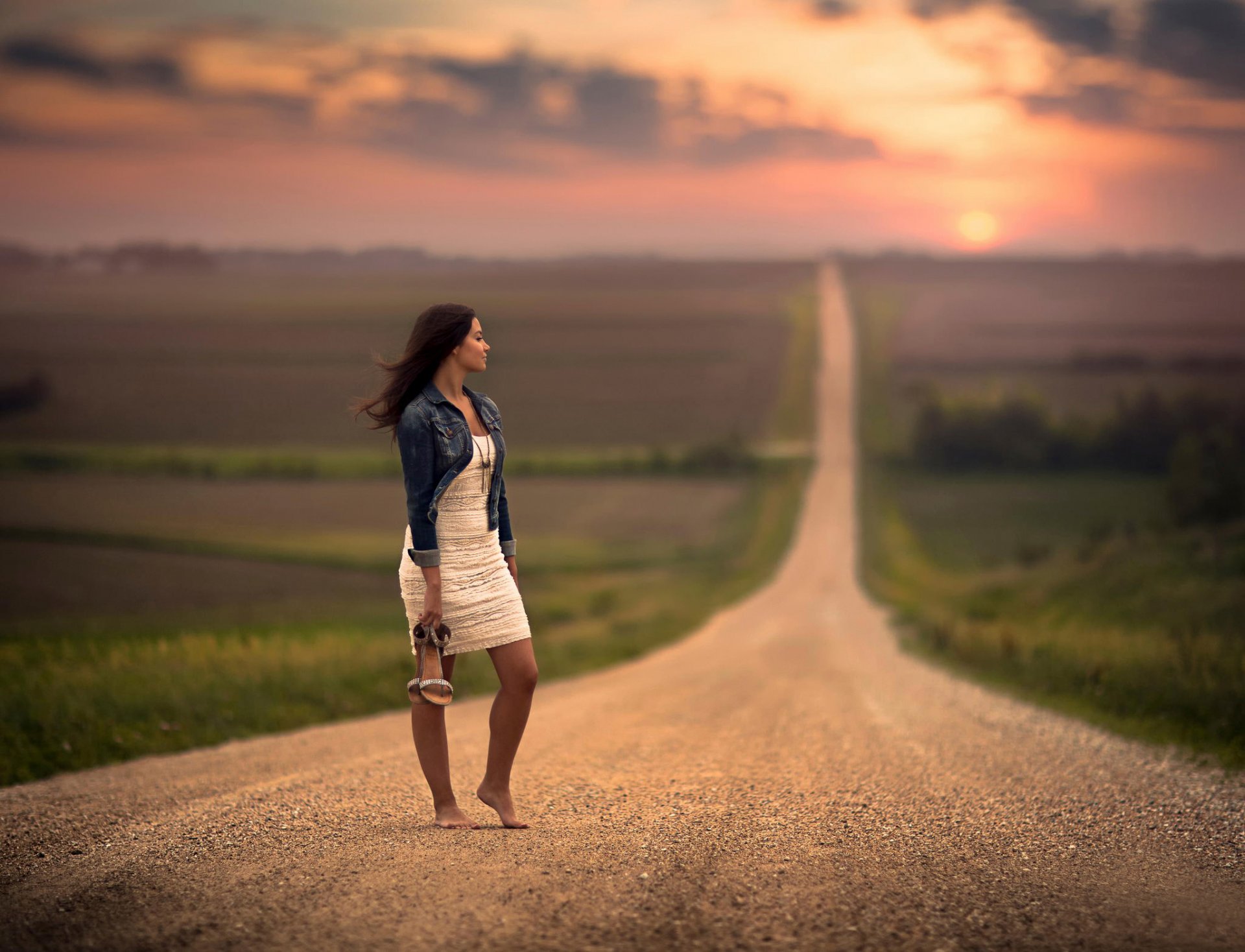 expectation barefoot girl dress road space bokeh