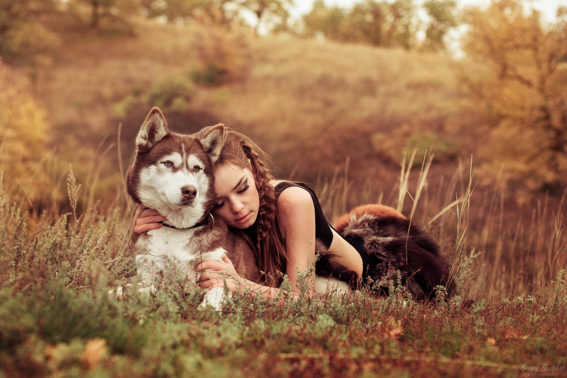 girl the field dog friends nature