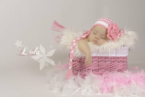 The baby sleeps in a pink basket