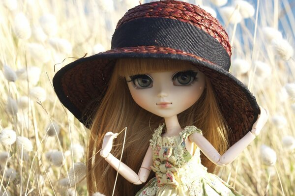 Muñeca Barbie en el campo con sombrero grande