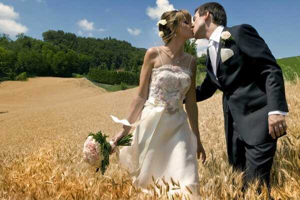 Delikatne zdjęcie nowożeńców W polu