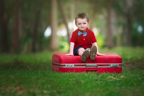 Junge mit einem Schmetterling auf einem roten Koffer