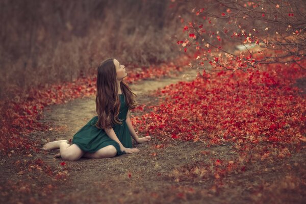 La ragazza si siede sulla strada e guarda le foglie rosse cadute