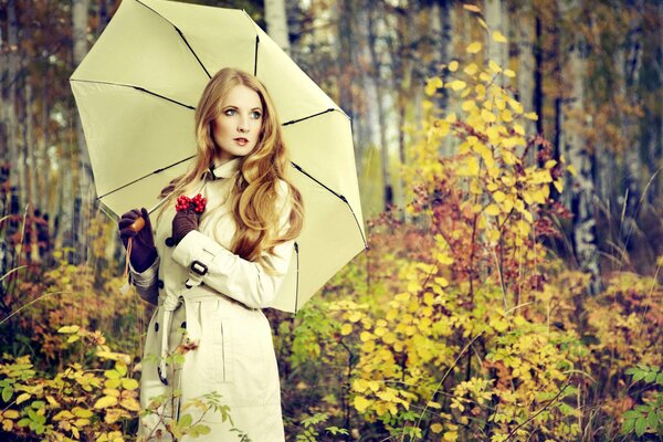 La bellezza della foresta autunnale. Ragazza con ombrello