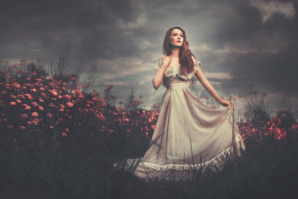 Foto de una chica con un vestido, entre las flores en el campo