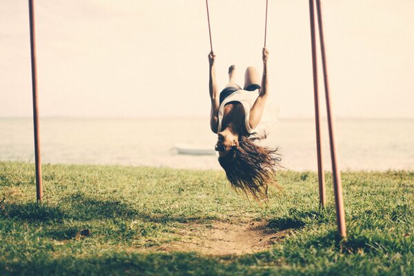 A joyful picture on the background of the sea