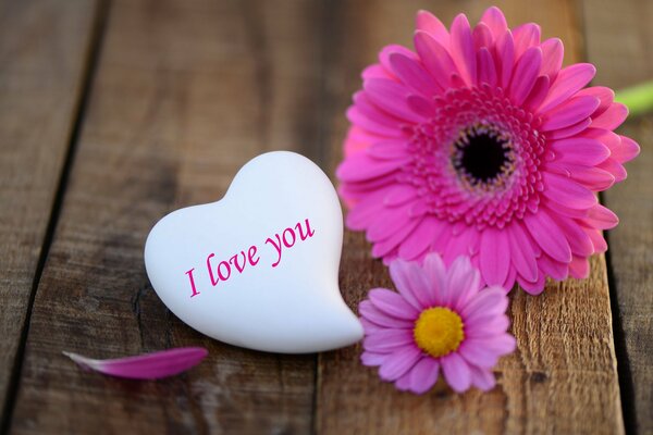 Gerberas and a heart with the inscription I love you