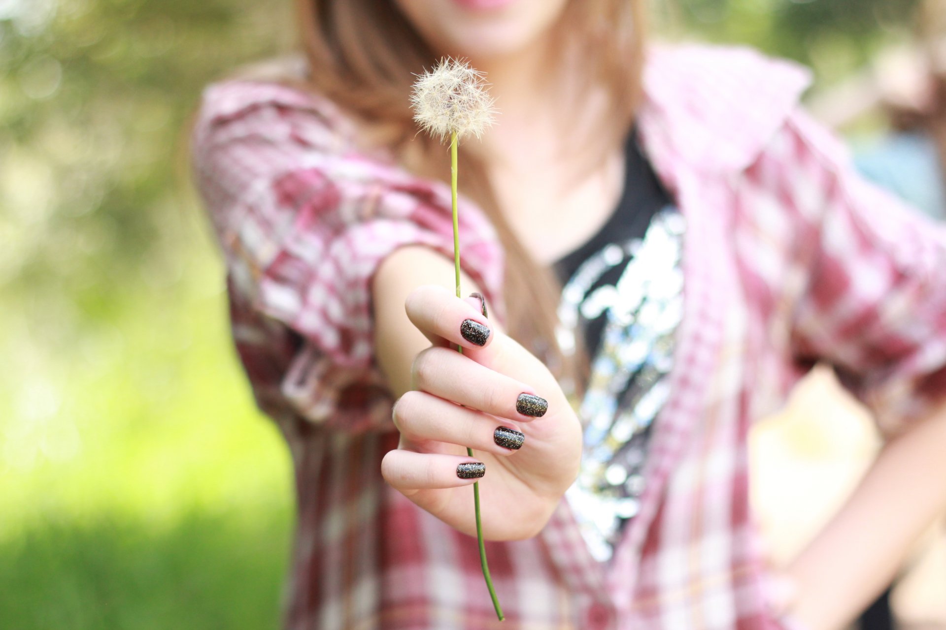 mood ragazza mano unghie smalto pianta dente di leone giacca gabbia verde natura sfocatura sfondo carta da parati widescreen schermo intero widescreen